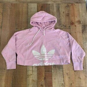Adidas womens cropped oversized hoodie hooded pullover sweatshirt in pink -L